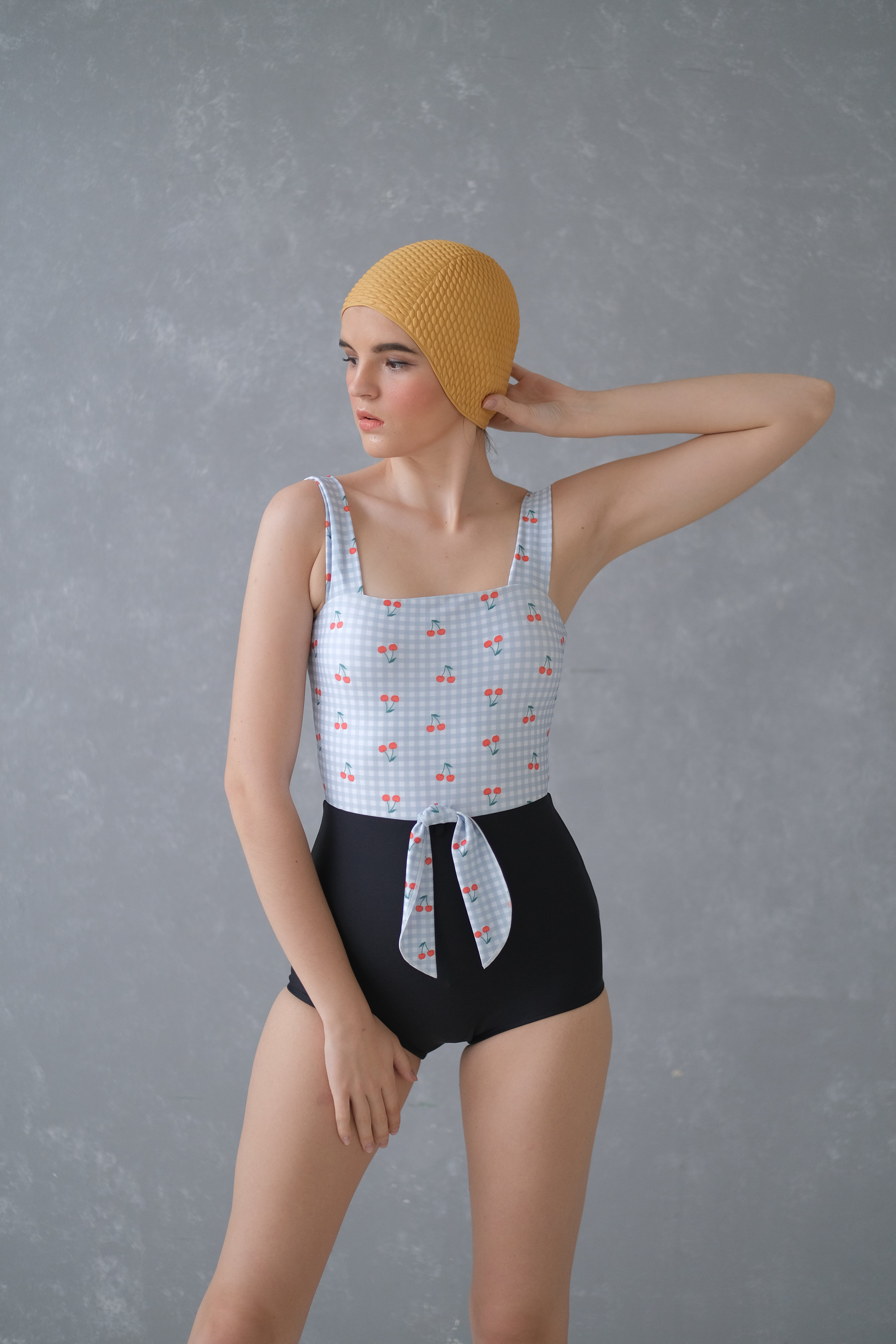 Cherry Gingham Tie-Front One-Piece Swimsuit with Black High-Waist Bottom