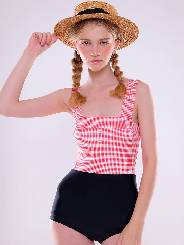 Pink Gingham Button-Front One-Piece Swimsuit with Black High-Waist Bottom