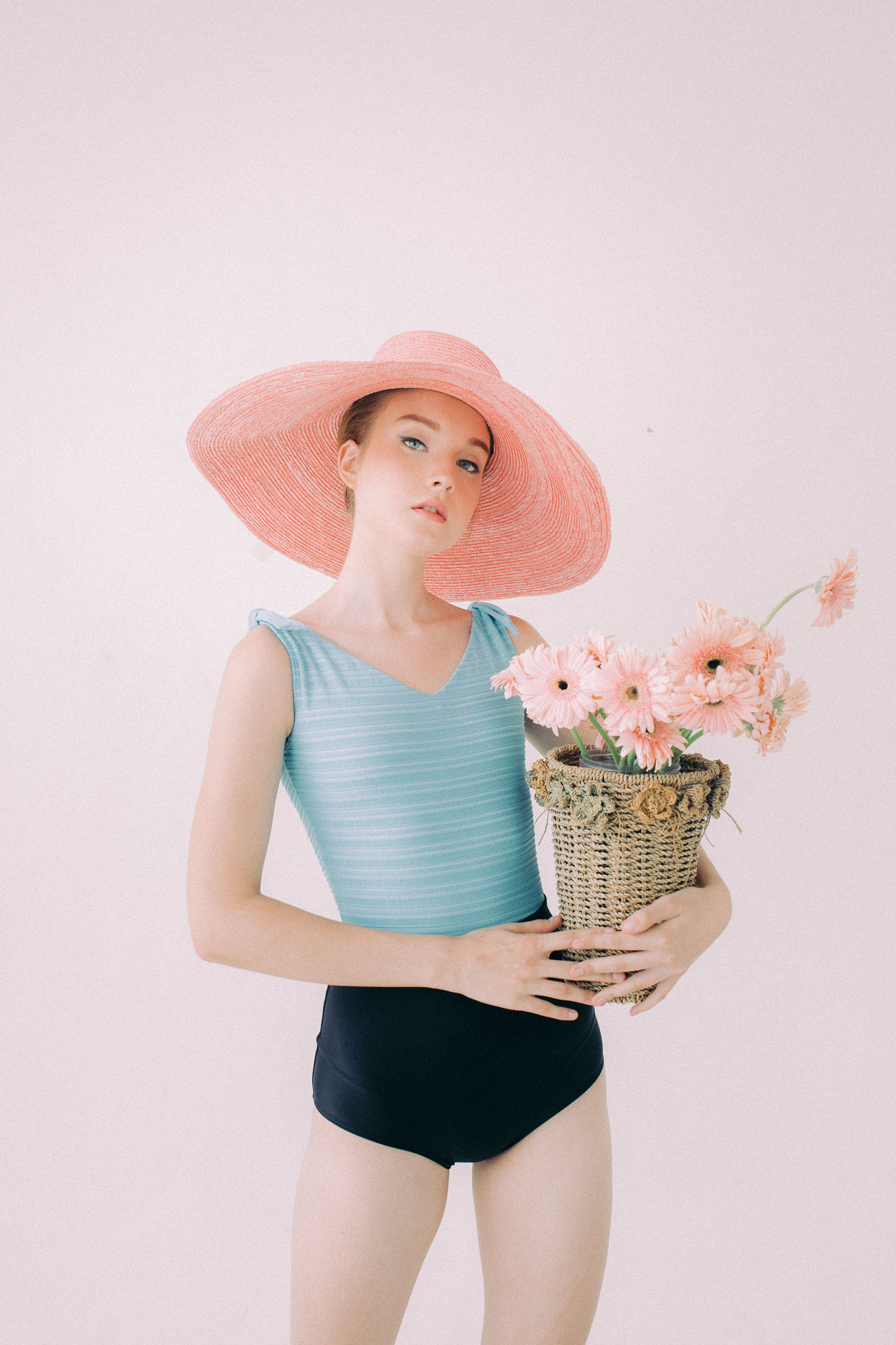 Light Blue Striped V-Neck One-Piece Swimsuit with Black High-Waist Bottom