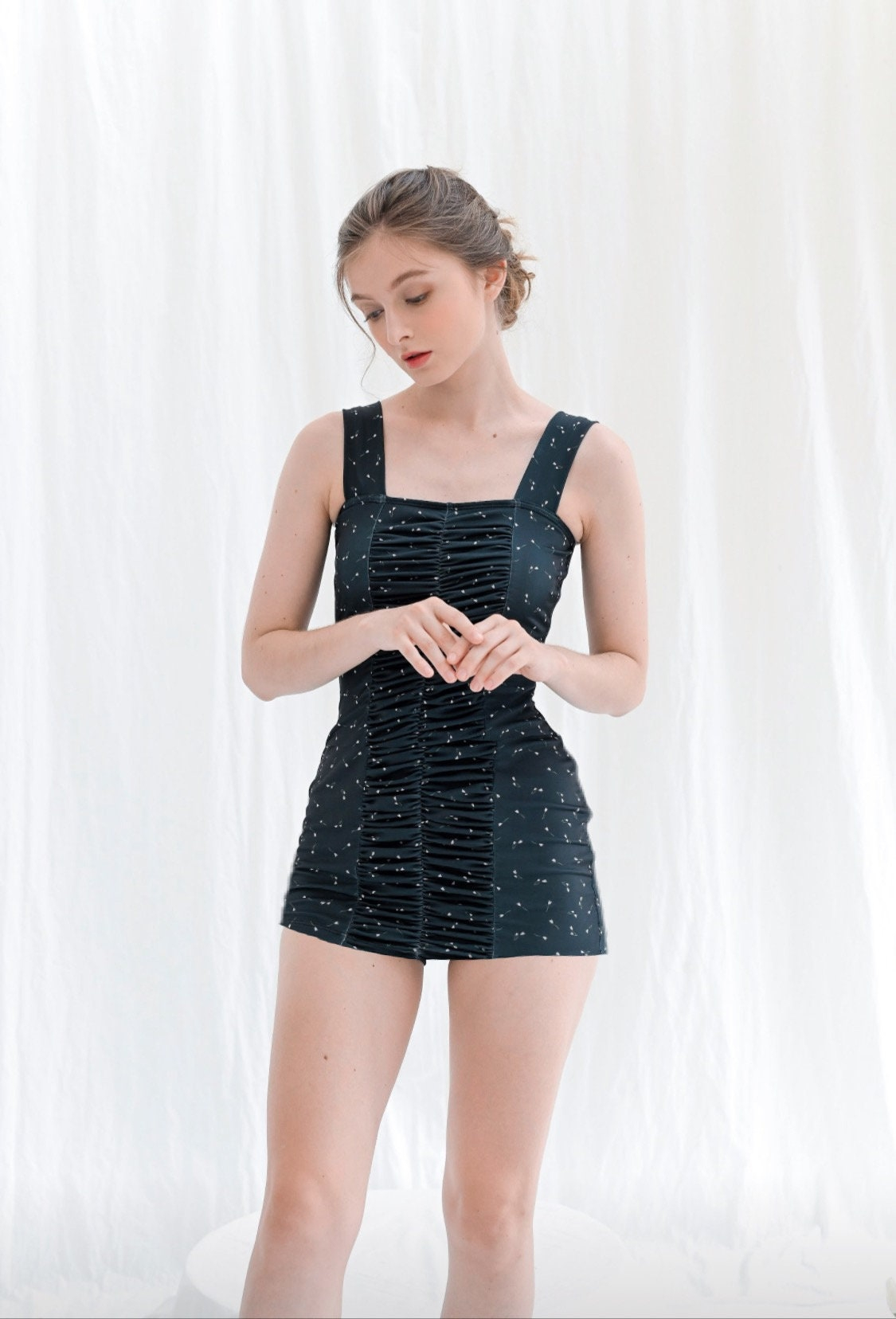 Black Dotted Ruched One-Piece Swimsuit with Skirted Bottom