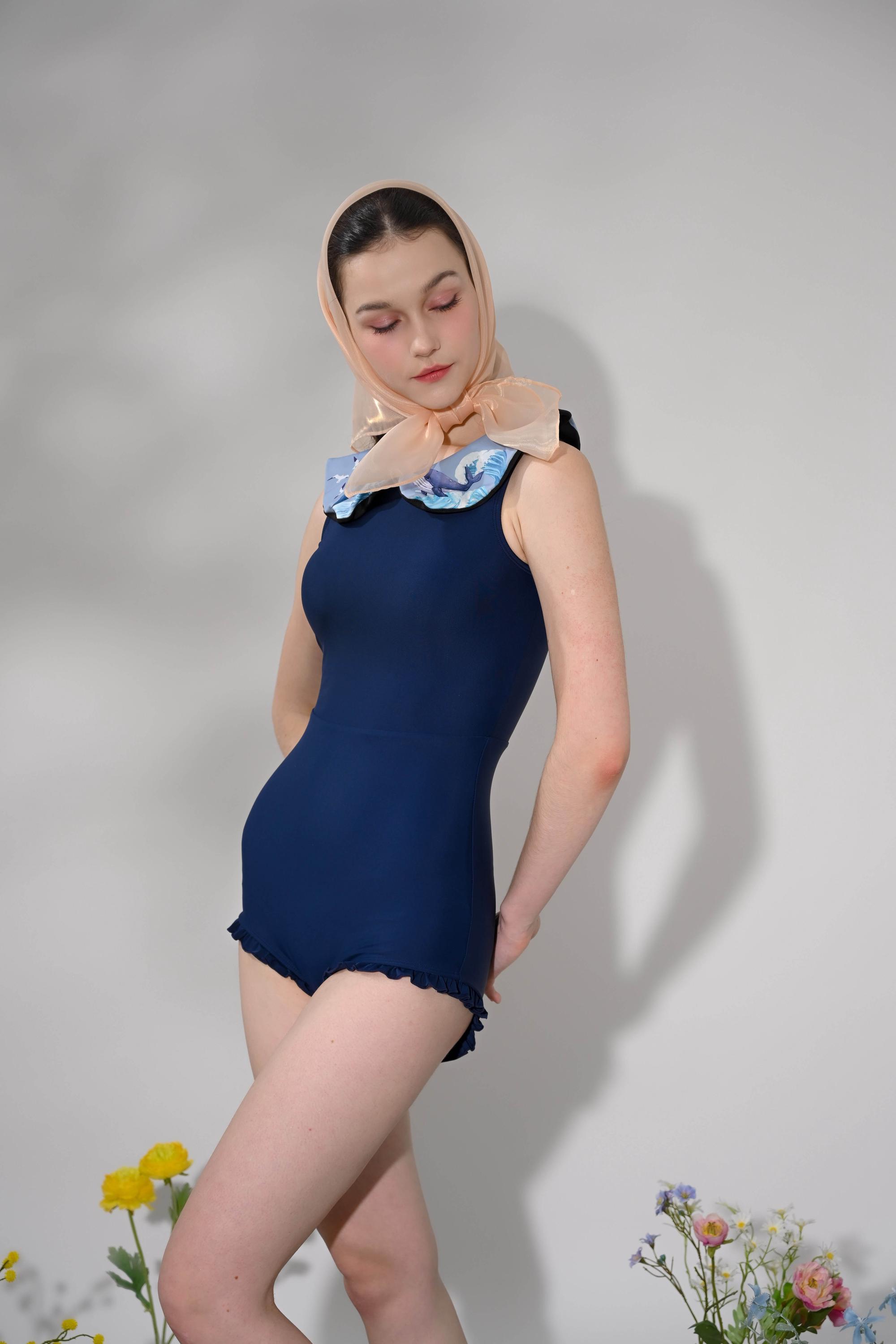 Navy Blue Ruffle-Collar One-Piece Swimsuit with Floral Trim